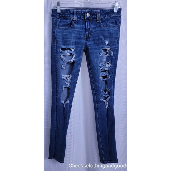 American Eagle Jegging Distressed Dark Wash Jeans Women's 4 Regular 360° Stretch - Picture 1 of 7